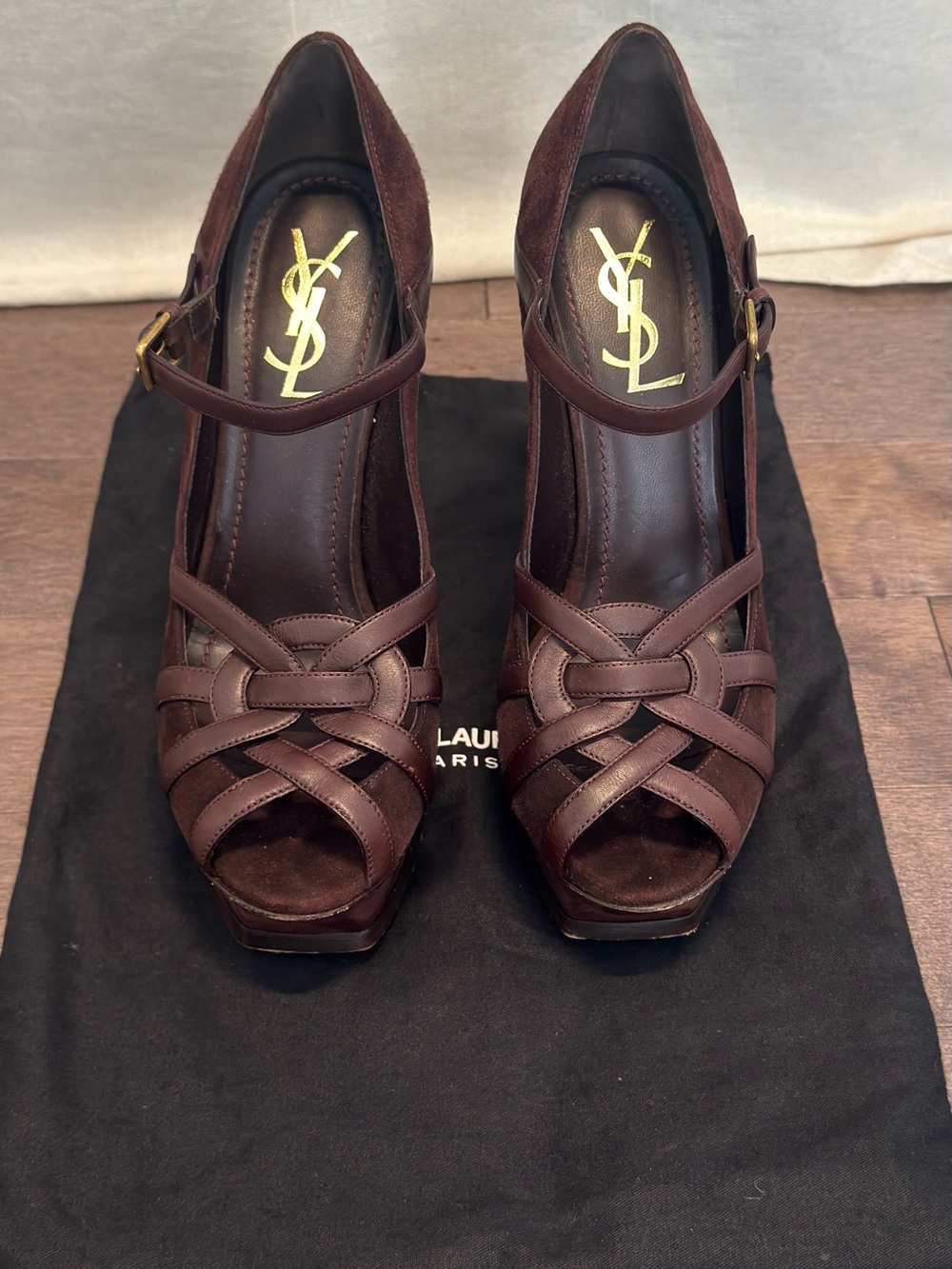 Yves Saint Laurent Dark Brown Woven Peep-Toe Platform Heels